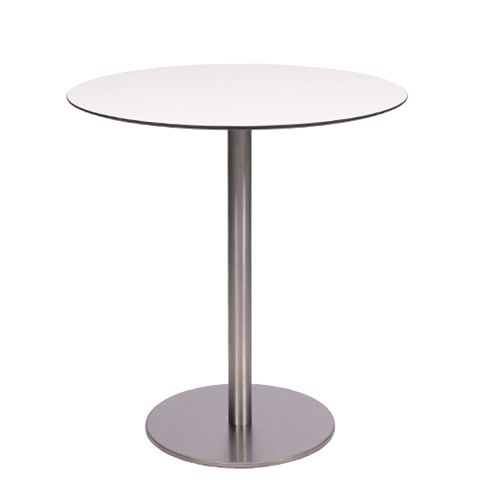 Tisch MARIANO mit einer HPL-Kompakt-Tischplatte 10mm, Ø 69 cm weiß mit schwarzem Rand (TPHPL10-D69-we)
